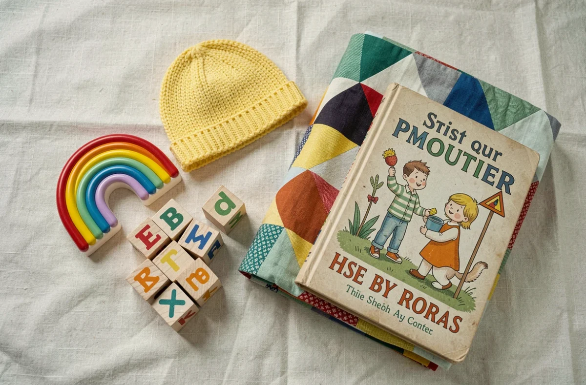 Flat lay d'accessoires colorés pour chambre de bébé : blocs en bois, arc-en-ciel céramique et courtepointe patchwork