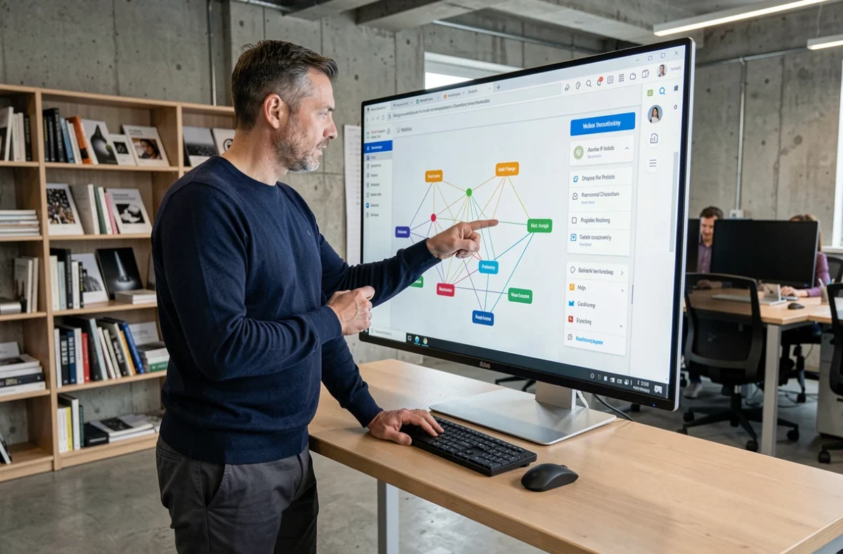 Homme consultant un diagramme d'architecture de site sur grand écran dans un espace de coworking