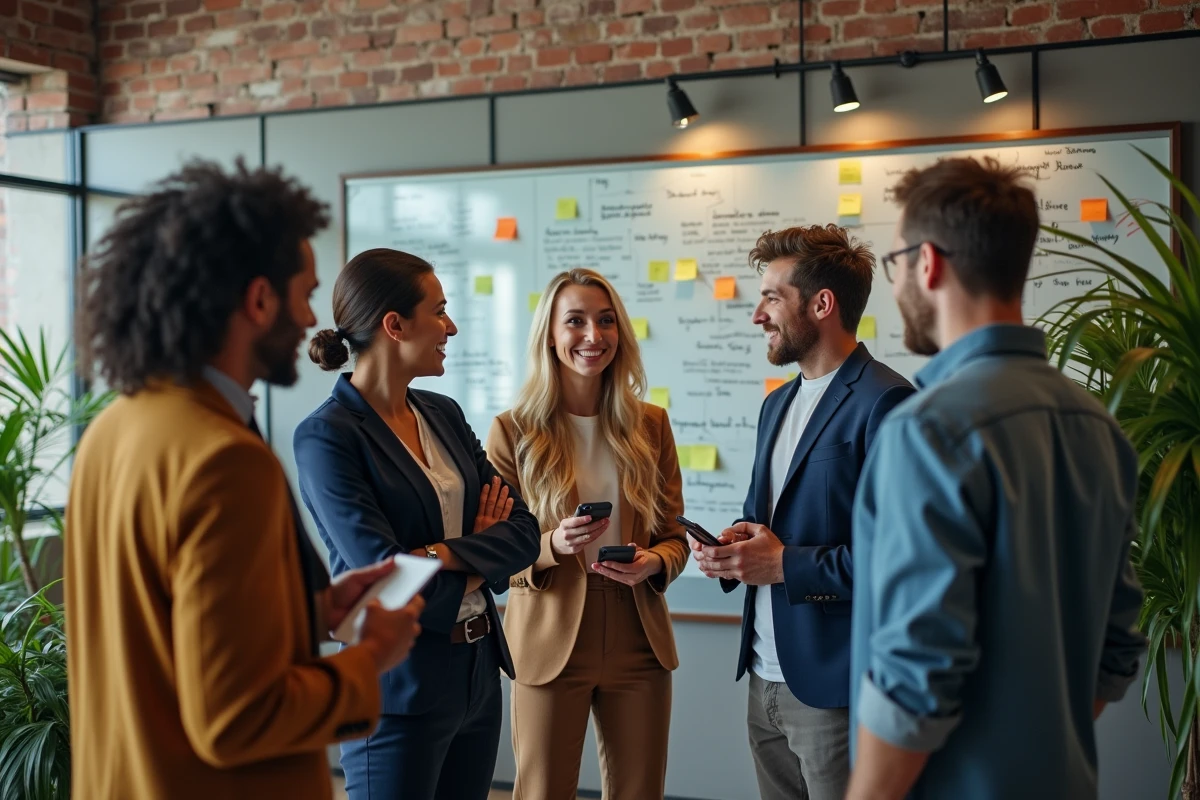 Groupe de jeunes professionnels en brainstorming dans un bureau créatif