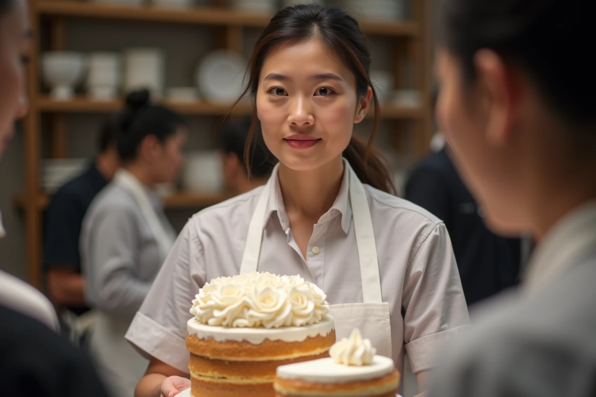 Candidate du Meilleur Pâtissier en train de décorer un gâteau lors du tournage de l'émission en studio