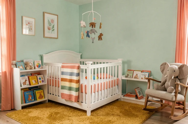 Chambre de bébé colorée avec murs vert menthe, lit en bois blanc et décoration pastel arc-en-ciel