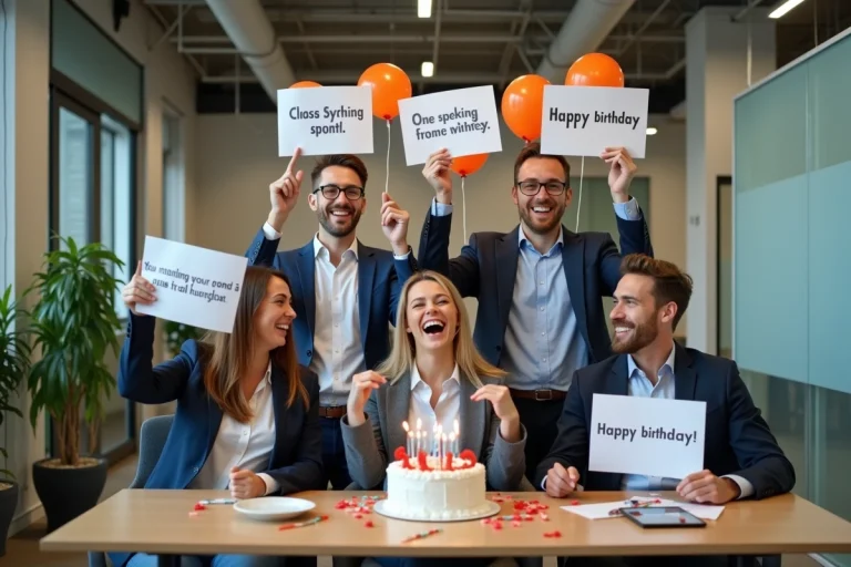 Collègues de bureau riant autour d'un gâteau d'anniversaire avec des pancartes humoristiques dans un open space moderne