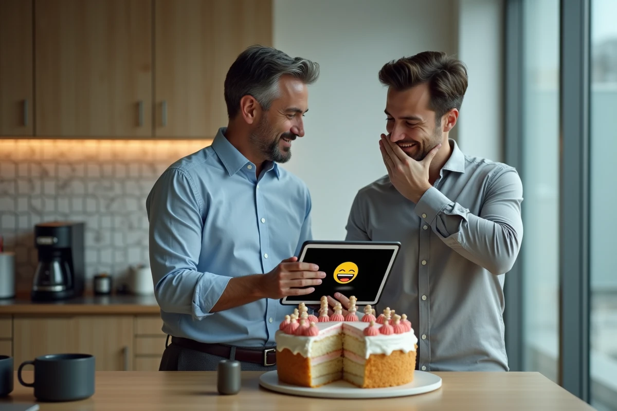 Deux collègues masculins riant devant un gif d'anniversaire humoristique sur tablette dans la salle de pause du bureau