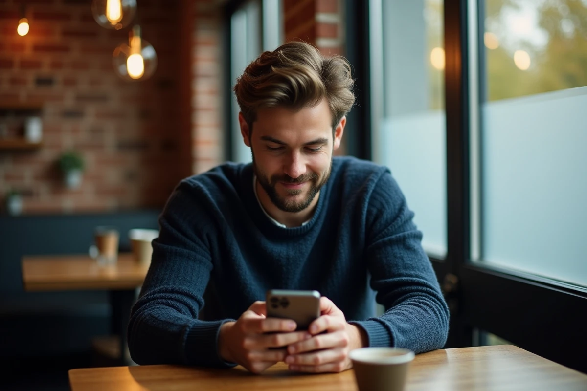 Homme dans un café consultant une story Instagram en mode anonyme sur son téléphone pour préserver sa vie privée