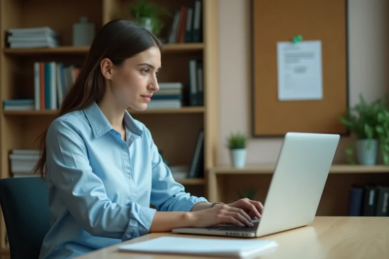Femme configurant le webmail académique sur un ordinateur portable dans un bureau scolaire
