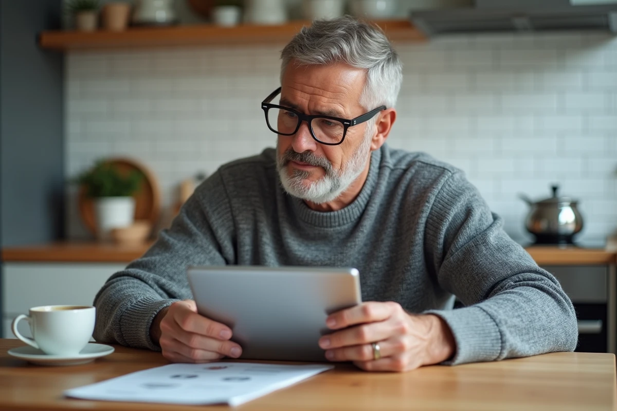 Homme configurant un compte webmail sur une tablette à domicile avec un guide imprimé