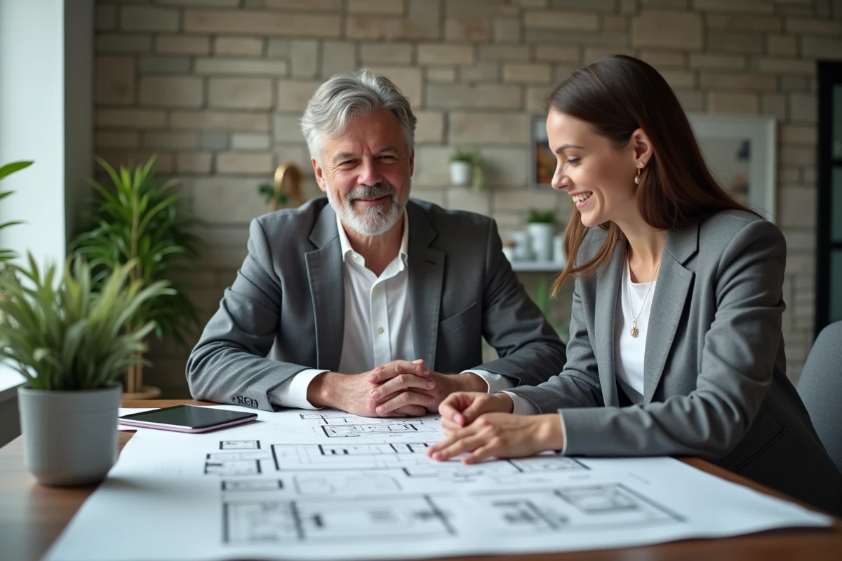 Consultant immobilier examinant des plans avec une acheteuse dans un bureau moderne