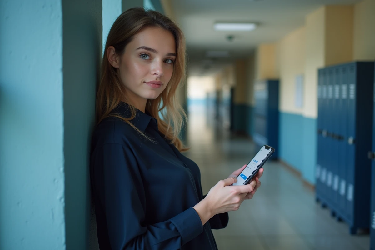 Jeune femme consultant le webmail académique sur smartphone dans un couloir d'école