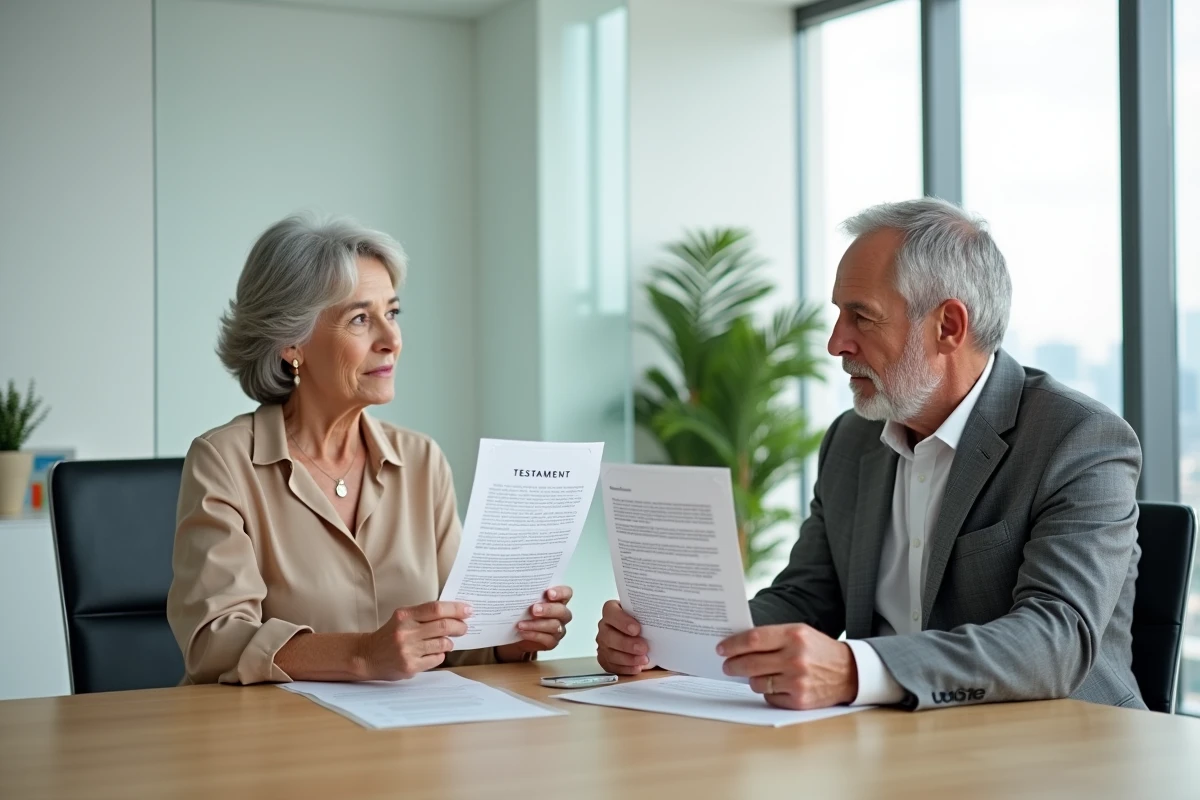 Couple de seniors consultant un notaire pour la préparation de leur testament et succession dans un bureau moderne