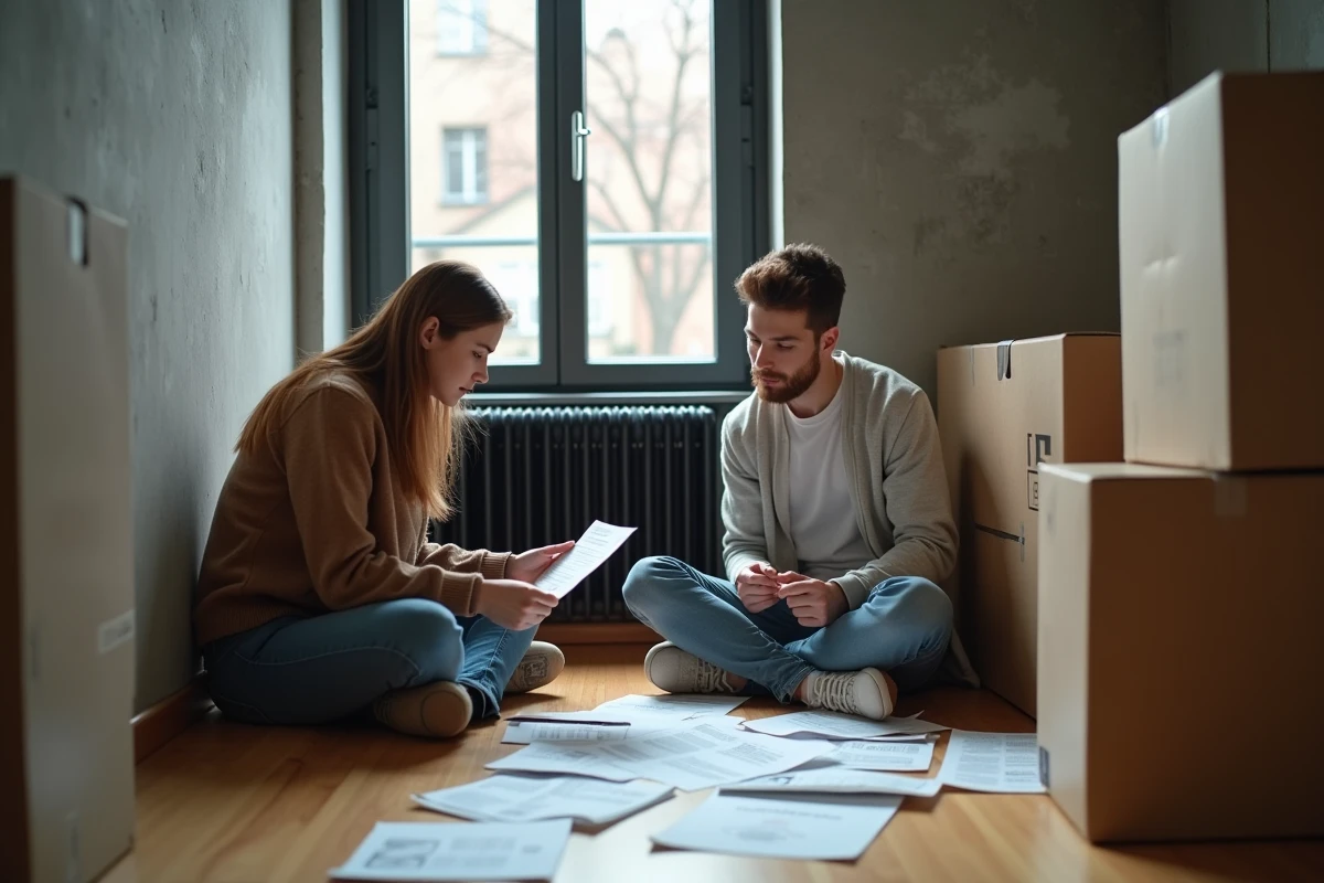 Couple étudiant des offres immobilières et documents de location dans un appartement vide en zone tendue