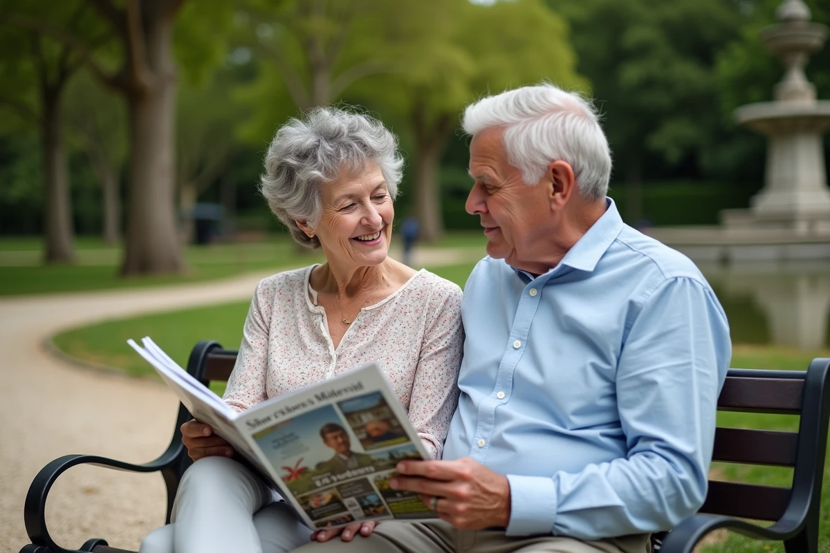 Couple de seniors lisant ensemble un magazine de conseils pour retraités dans un jardin public français