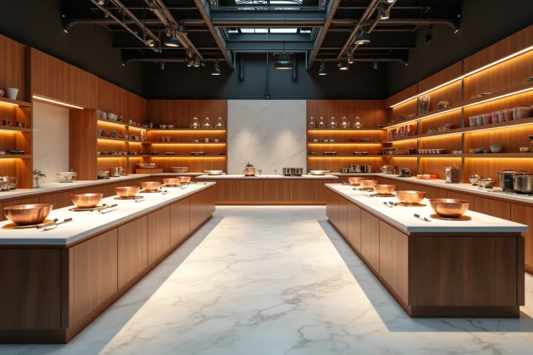 Vue panoramique des cuisines professionnelles du Meilleur Pâtissier avec plans de travail en marbre et ustensiles de pâtisserie