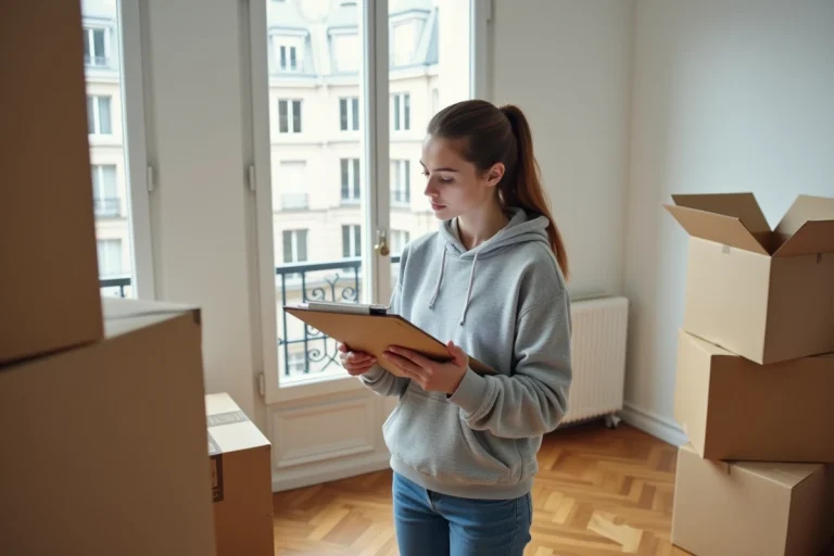 Femme organisant son déménagement dans un appartement parisien en zone tendue avec des cartons et une liste de contrôle