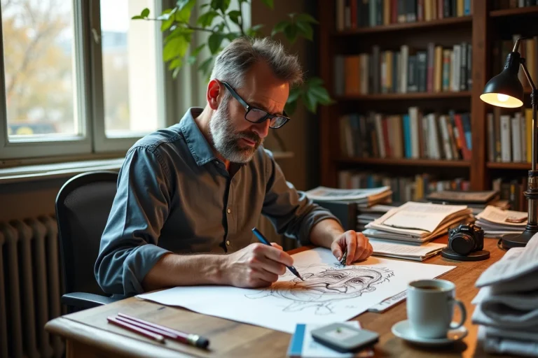 Dessinateur politique dans son atelier parisien