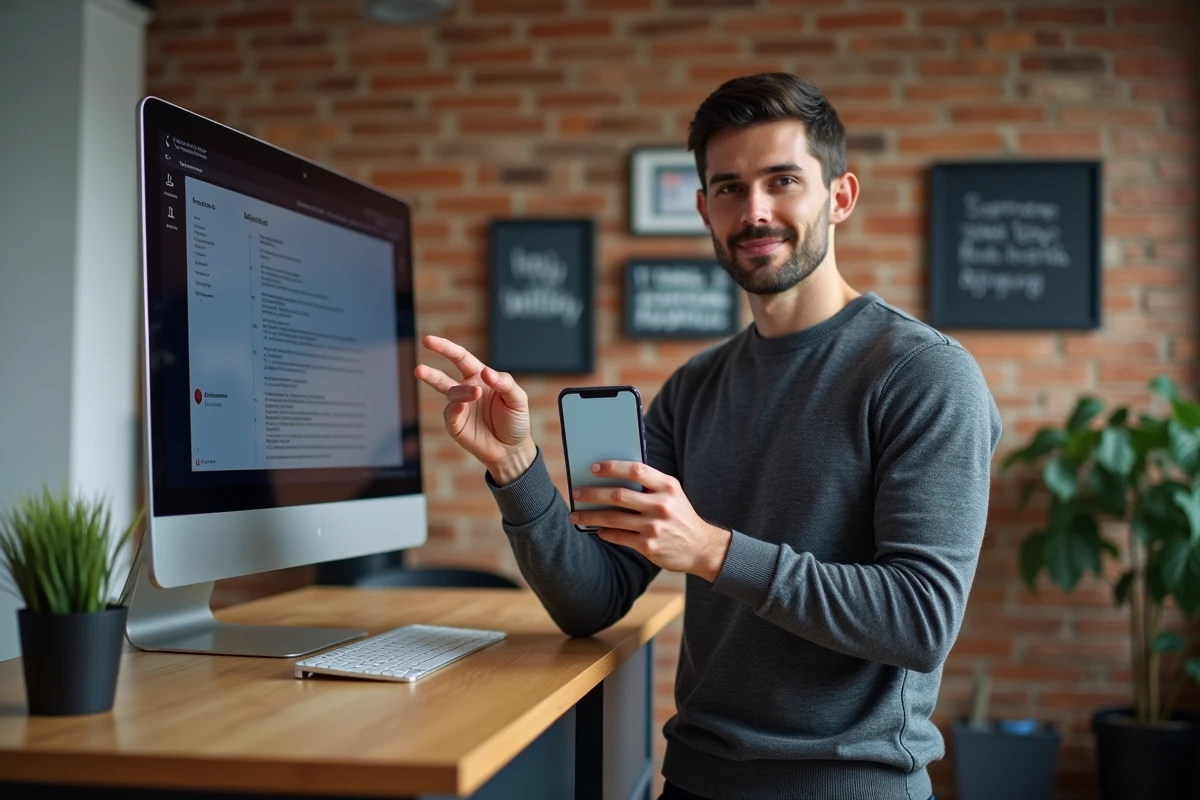 Développeur présentant un prototype d'application mobile dans un bureau de startup parisien pour aider au choix d'une agence