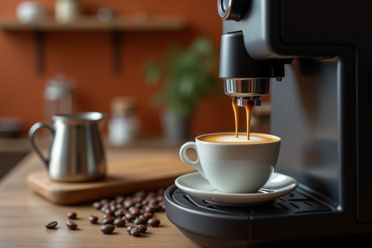 Espresso avec crema dorée en cours de préparation dans une tasse blanche sous la buse d'une machine Krups automatique