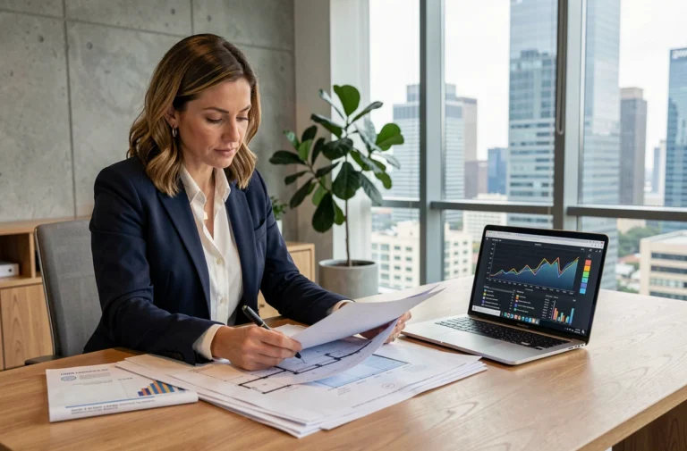 Femme professionnelle analysant des documents immobiliers et des plans architecturaux dans un bureau moderne avec vue sur la ville