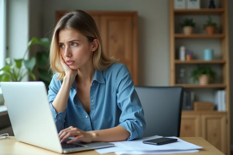 Femme en bureau moderne regardant son ordinateur portable