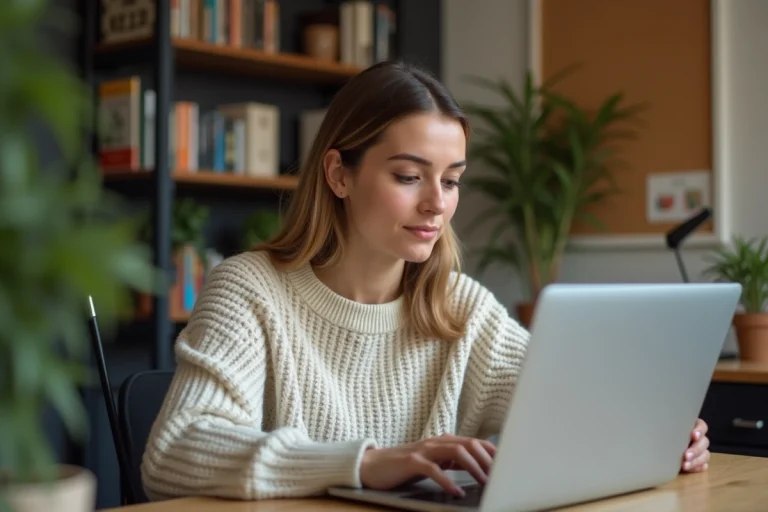 Femme concentrée travaillant sur son MacBook dans un bureau cosy