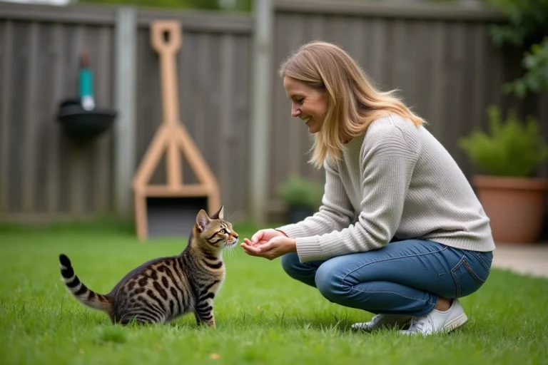 Femme et chat dans un jardin en pleine nature