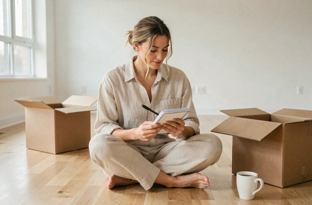 Femme consultant une liste de tâches assise sur le sol de son nouvel appartement vide après un déménagement solo