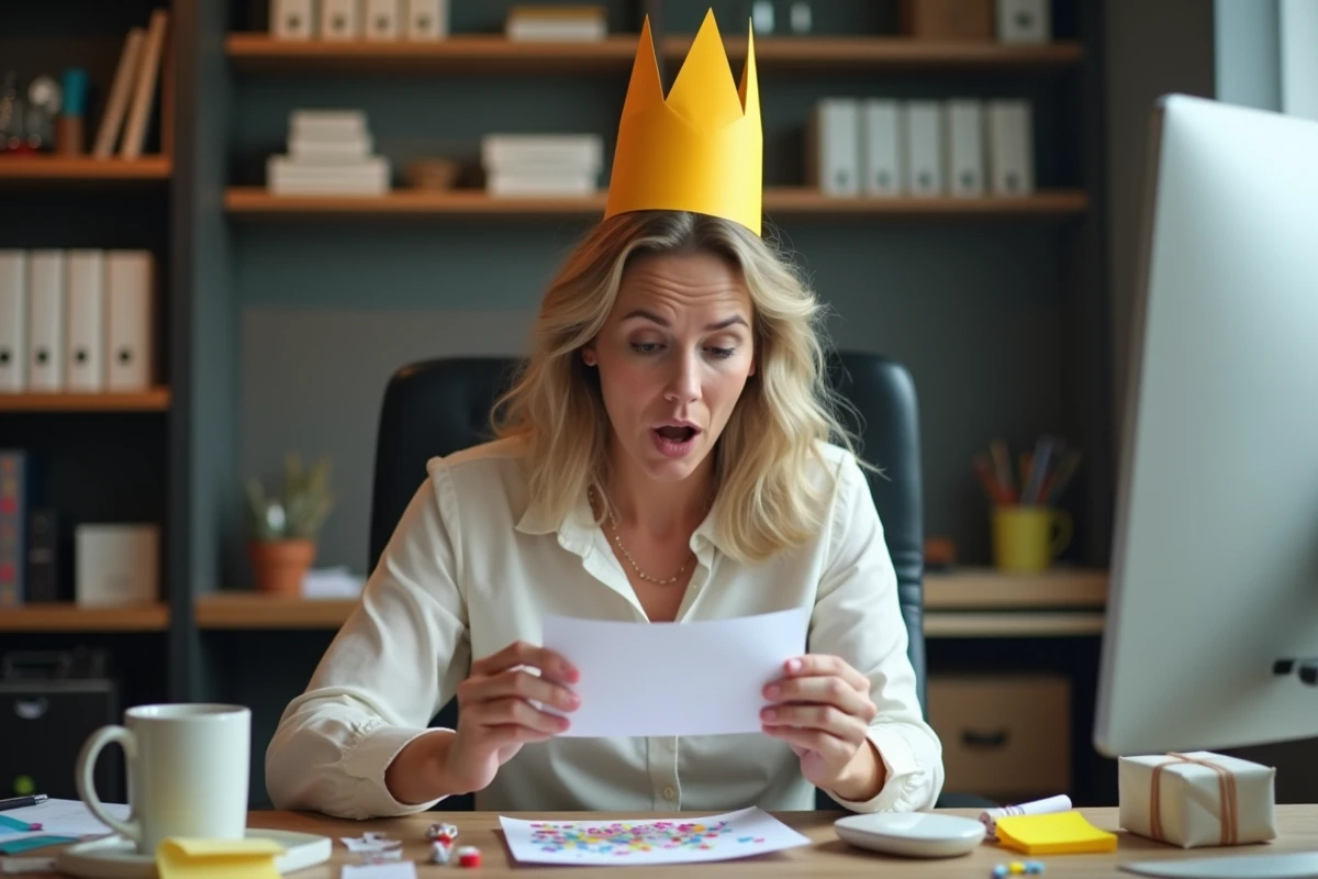 Femme souriante portant une couronne d'anniversaire en papier à son bureau avec une carte humoristique et des confettis