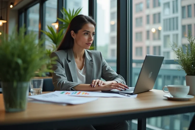 Femme moderne travaillant sur son ordinateur dans un espace coworking