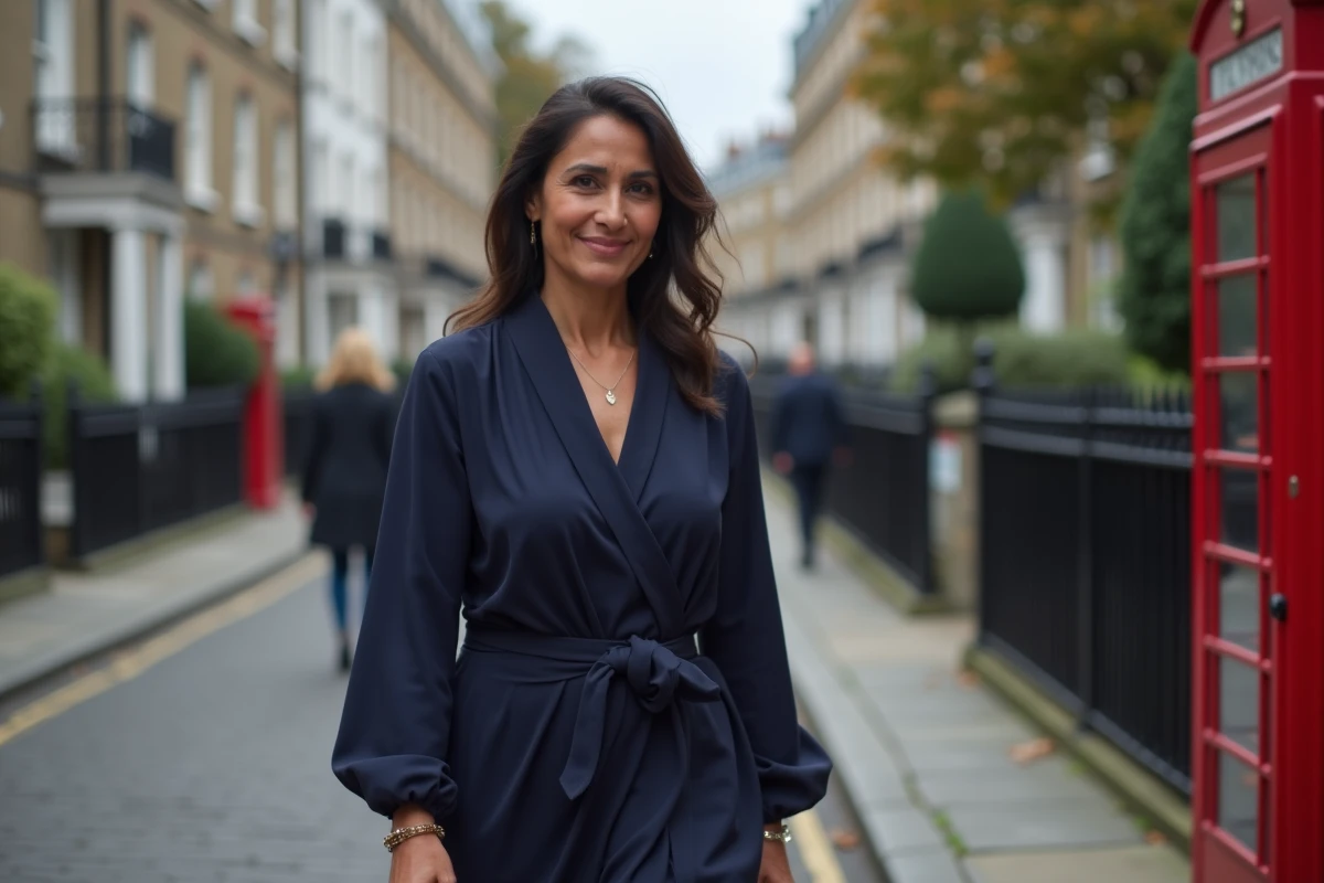 Femme d'héritage sud-asiatique en robe bleue marine marchant sur un pavé londonien historique, style éditorial urbain