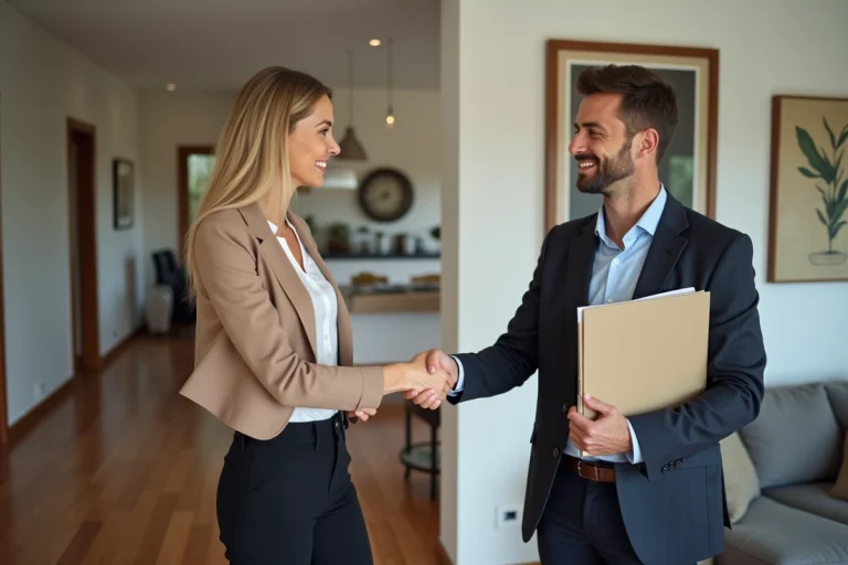 Femme d'âge moyen souriante avec agent immobilier dans un salon moderne