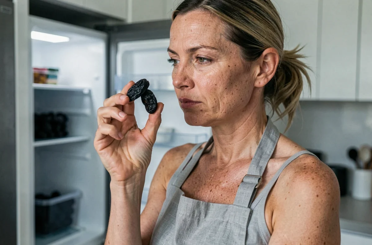 Femme inspectant des pruneaux secs dans sa cuisine moderne avec un réfrigérateur ouvert visible en arrière-plan