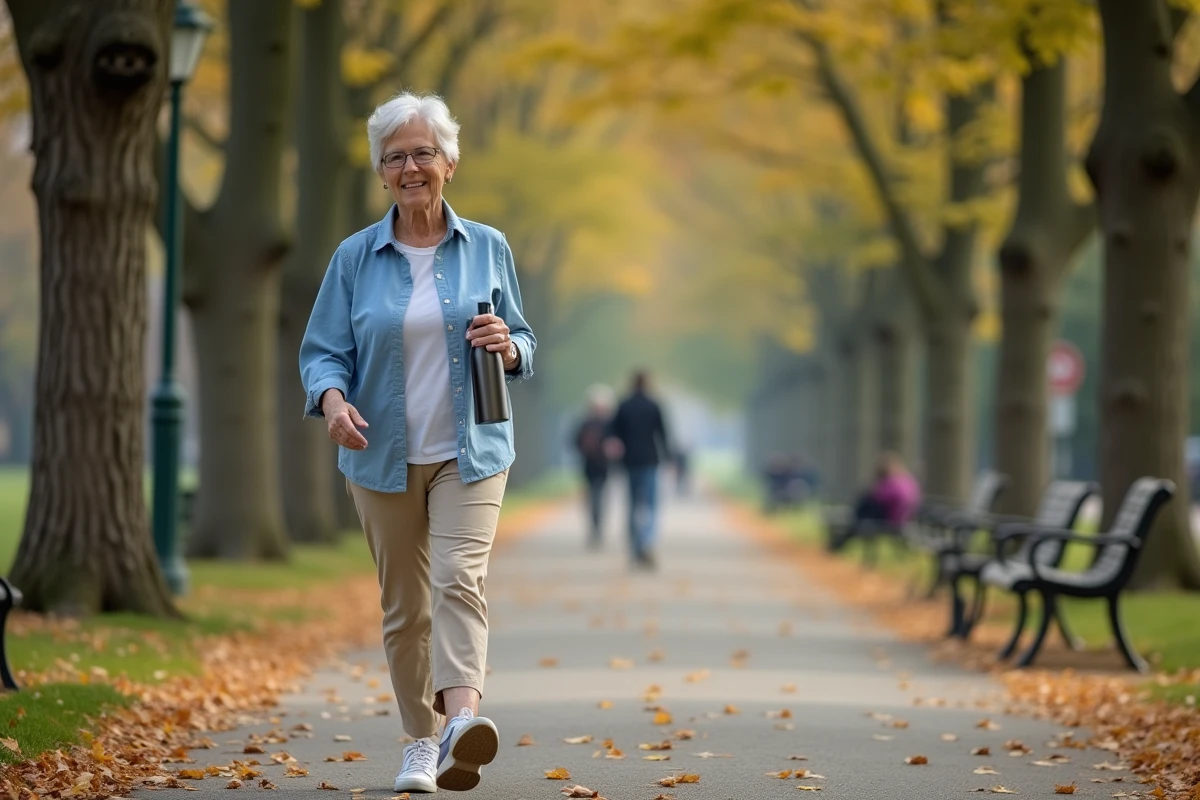 Femme mature marchant dans un parc urbain en automne avec une bouteille d'eau pour prendre soin de sa santé