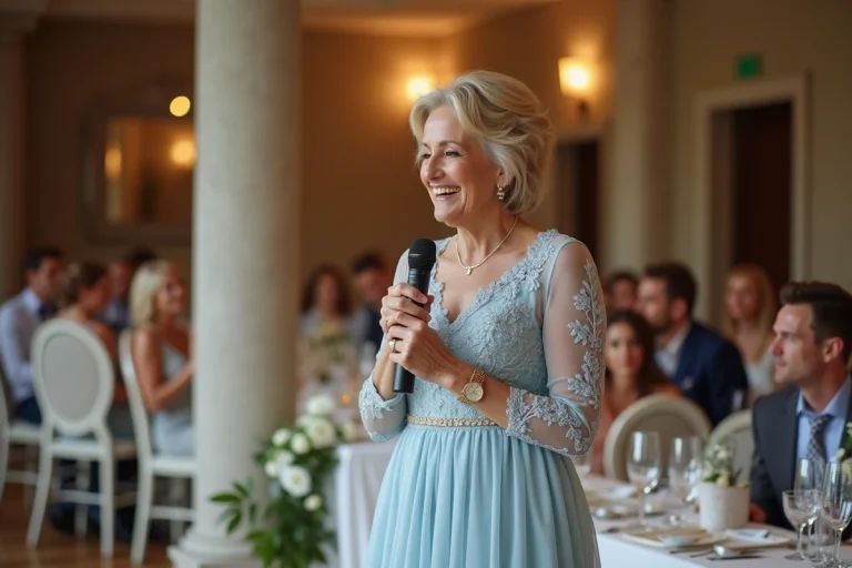 Femme élégante en robe bleue parlant au mariage
