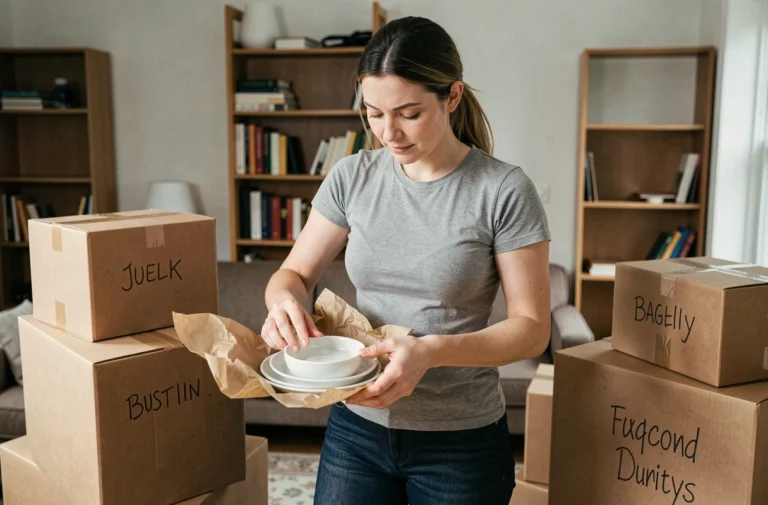 Femme seule préparant ses cartons de déménagement dans un appartement, emballant de la vaisselle dans du papier bulle