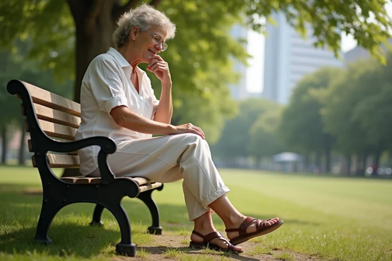 Femme assise sur un banc en ville essayant des sandales confort