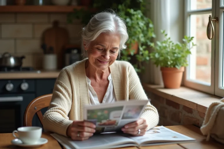Femme senior lisant La Revue des Seniors à sa table de cuisine en France