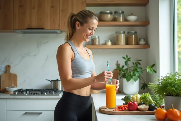 Femme préparant un smoothie aux légumes dans une cuisine moderne pour améliorer sa santé au quotidien
