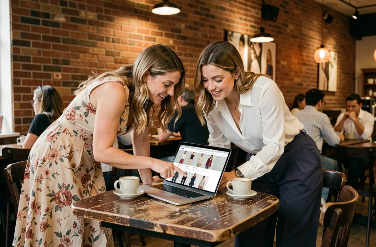Deux femmes explorant ensemble les pages d'un site de mode sur ordinateur portable dans un café tendance