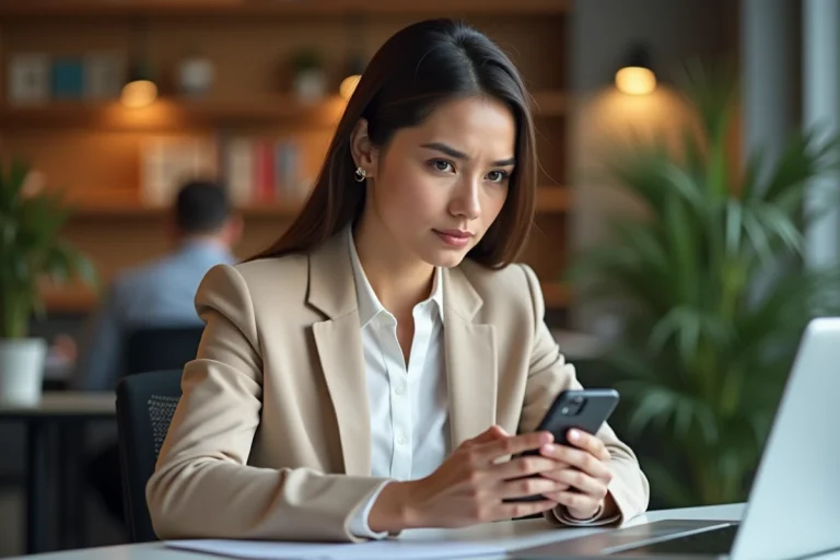 Femme en bureau consultant une story anonyme sur Instagram depuis son smartphone au travail