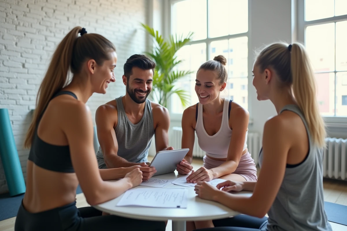Un groupe de personnes discute avec un coach sportif autour d'une table dans un studio de bien-être minimaliste