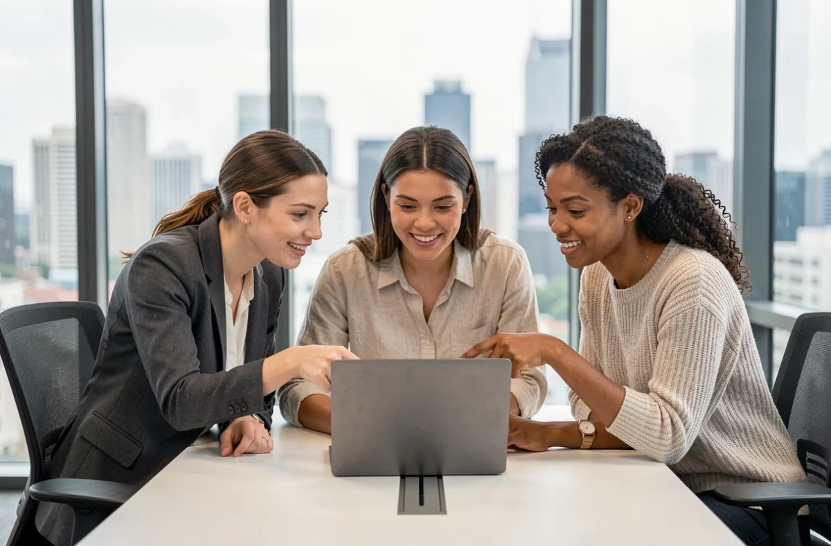Groupe de trois professionnels collaborant autour d'un ordinateur portable pour identifier des offres d'emploi adaptées à leurs profils dans une salle de réunion moderne