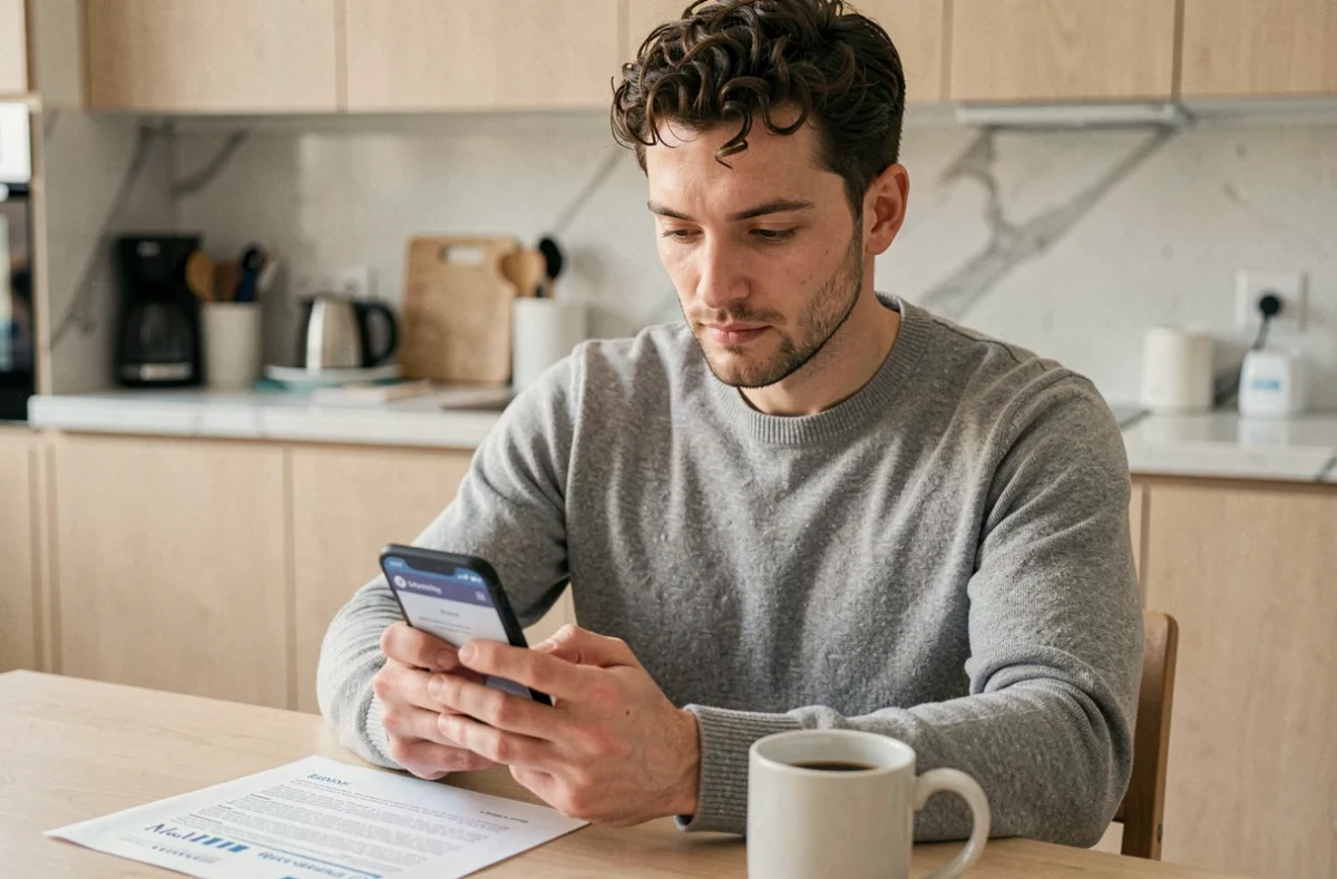 Jeune homme consultant une application mobile de recherche d'emploi avec son CV posé sur une table de cuisine moderne