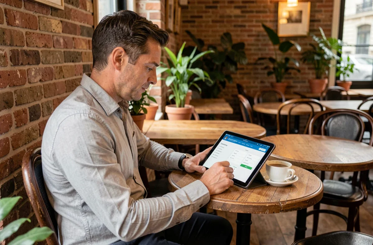 Homme utilisant une tablette dans un café parisien pour se connecter à IntraParis Nomade en télétravail