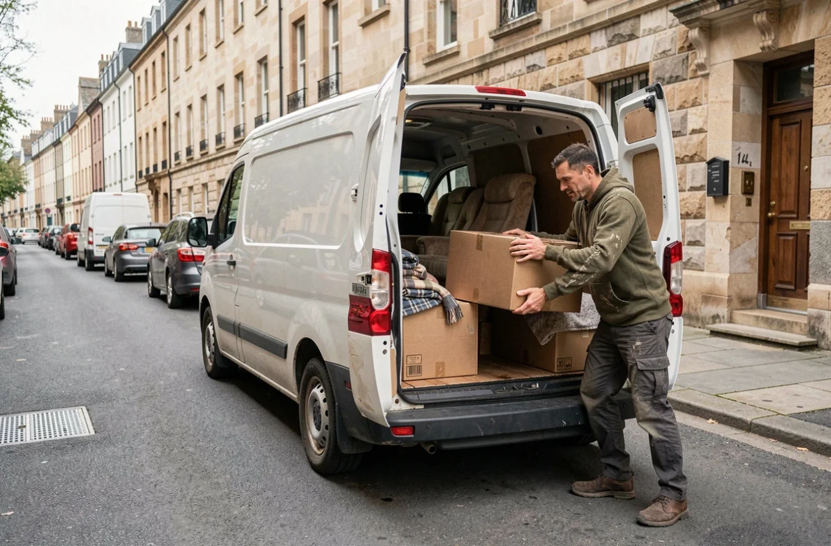 Homme chargeant seul un camion de déménagement dans une rue résidentielle urbaine