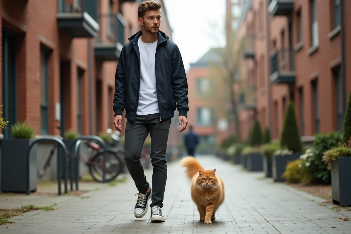 Jeune homme avec chat dans une cour pavée