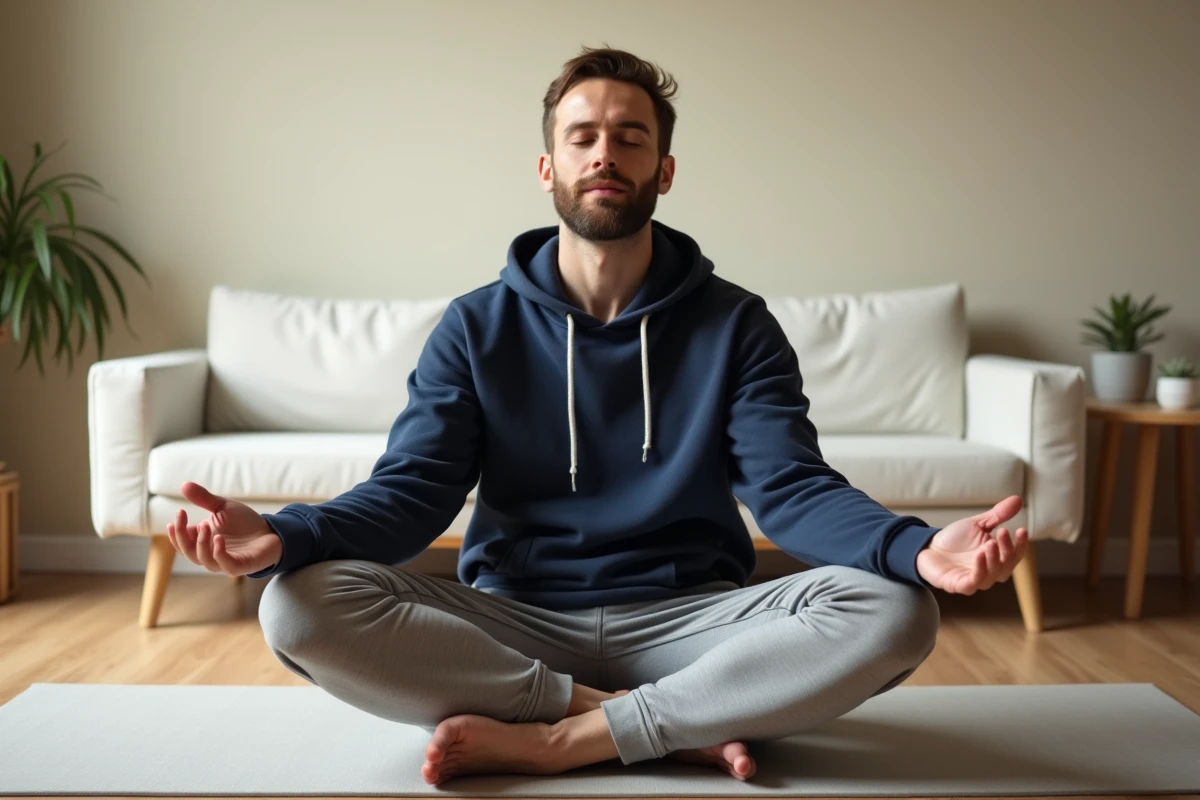 Homme en méditation sur un tapis de yoga dans un salon minimaliste pour améliorer son bien-être quotidien