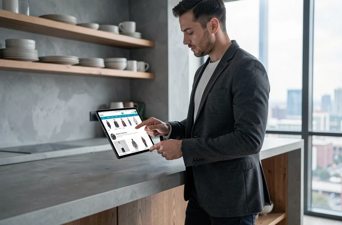 Homme consultant un site de mode sur tablette dans une cuisine moderne avec menus de navigation visibles