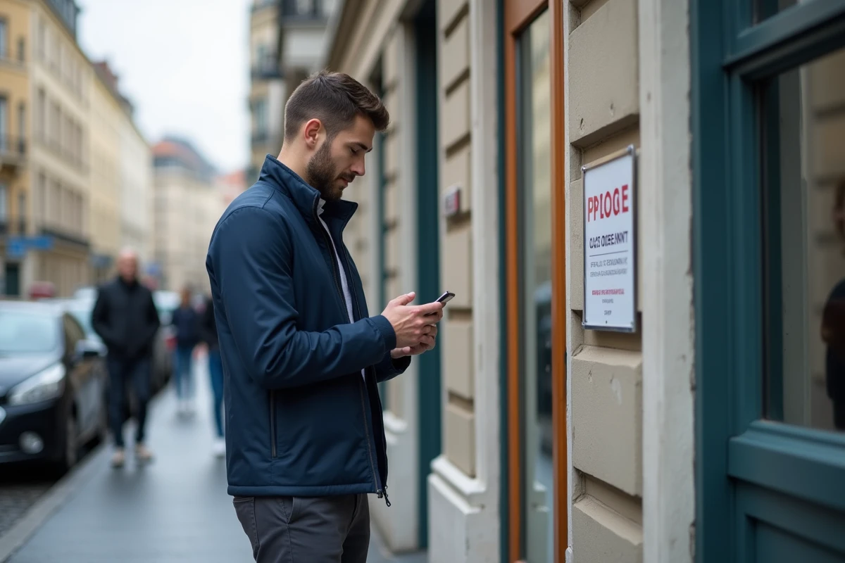 Homme consultant son smartphone devant un immeuble avec affiche de location dans une rue en zone immobilière tendue