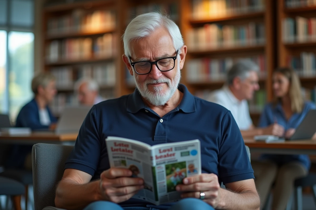 Homme senior consultant des conseils pour retraités sur tablette dans une bibliothèque