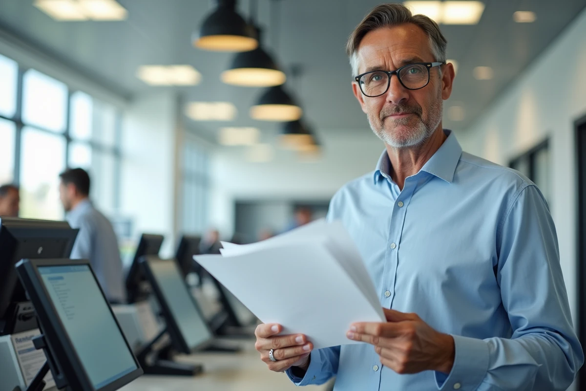 Homme au guichet postal tenant des papiers avec souci