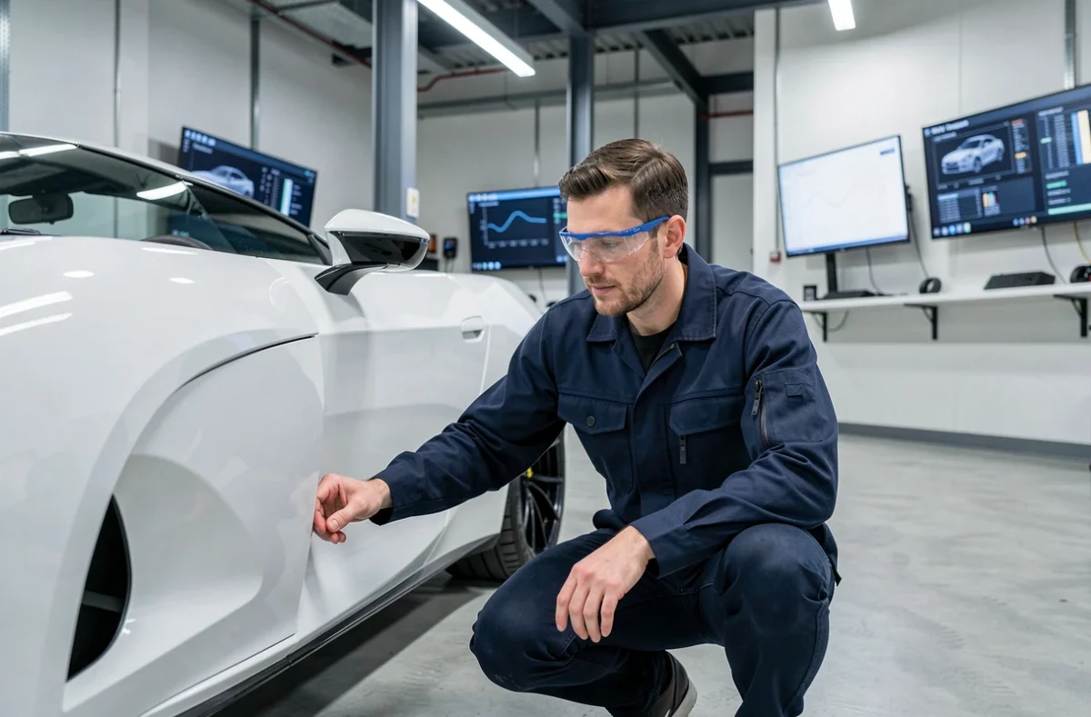 Ingénieur automobile inspectant une voiture de sport à hydrogène dans un atelier de recherche moderne